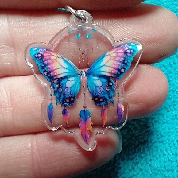 Colorful butterfly dreamcatcher wire dangle earrings pink blue red - Picture 1 of 3